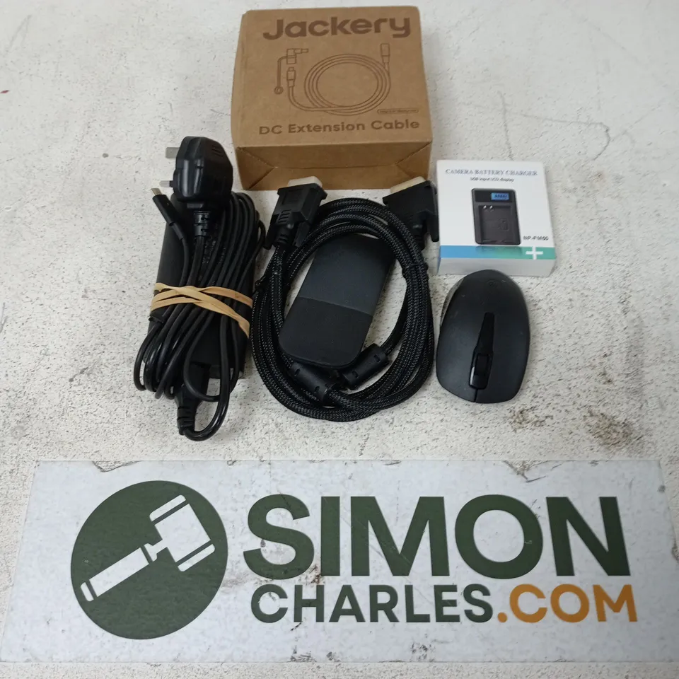 APPROXIMATELY 12 ASSORTED HOUSEHOLD ITEMS TO INCLUDE JACKERY DC EXTENSION CABLE, CAMERA BATTER CHARGER, MOUSE, ETC