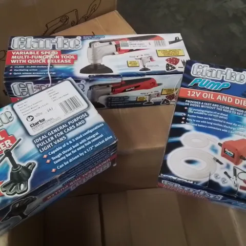 MIXED BOX OF TOOLS TO INCLUDE: UNIVERSAL HUB PULLER, CLARKE MULTI TOOL, 12V OIL AND DIESEL PUMP