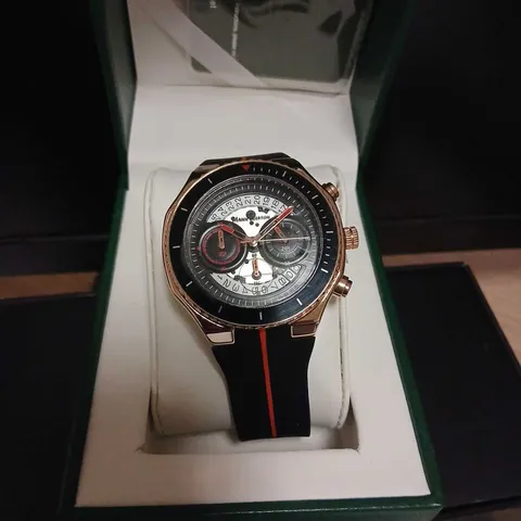 MANN EGERTON RAPTOR ROSE WHITE WRISTWATCH – ROSE GOLD CASE, BLACK STRAP WITH RED STRIPE