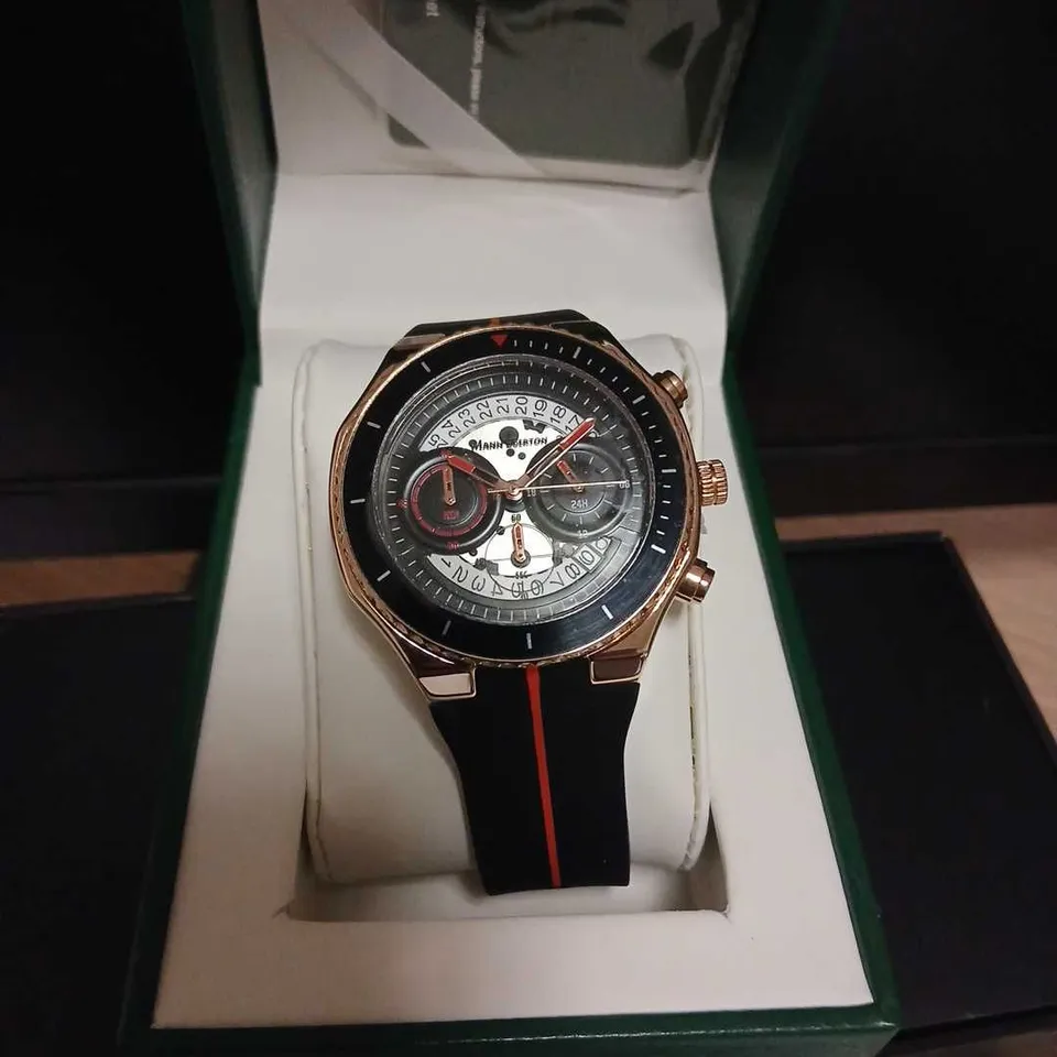 MANN EGERTON RAPTOR ROSE WHITE WRISTWATCH – ROSE GOLD CASE, BLACK STRAP WITH RED STRIPE