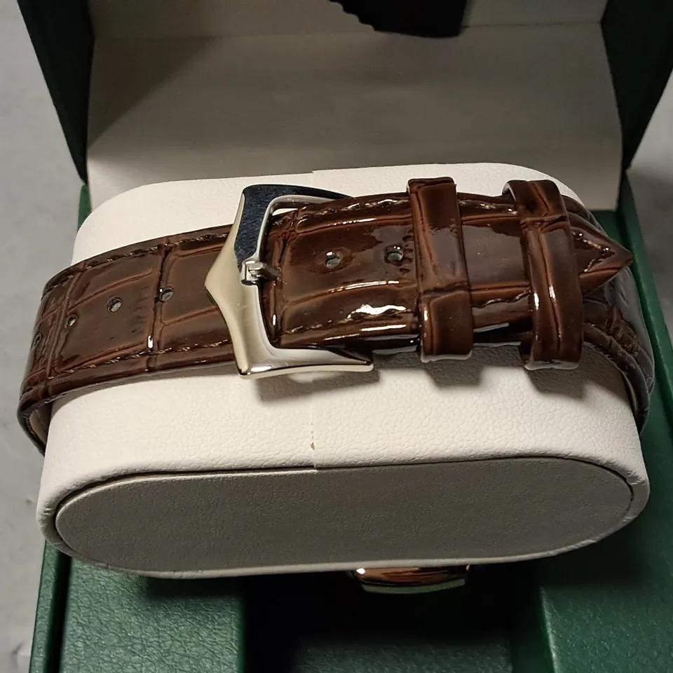 FRANK SCHMIDT STAINLESS STEEL BLACK FACED GENTS WATCH WITH BROWN LEATHER STRAP 