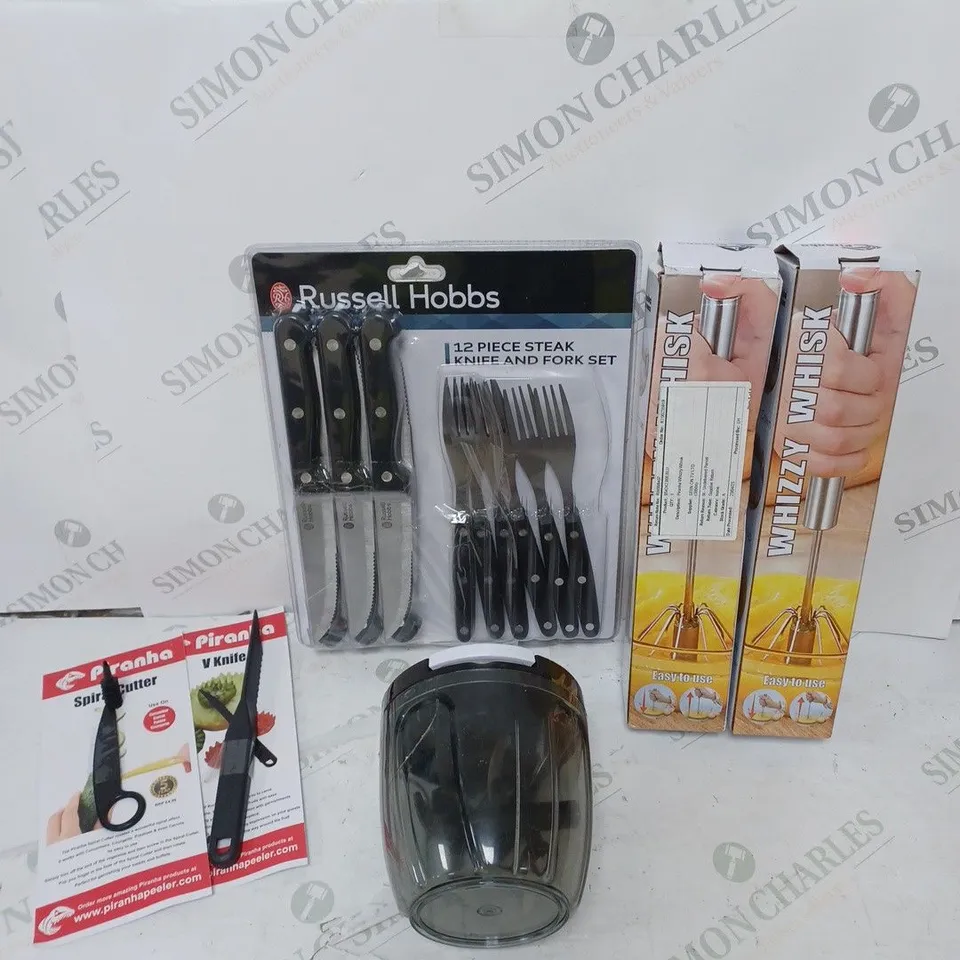 BOX OF APPROXIMATELY 15 ASSORTED HOUSEHOLD PRODUCTS TO INCLUDE KNIFE AND FORK SET, SPIRAL CUTTER, V KNIFE ETC