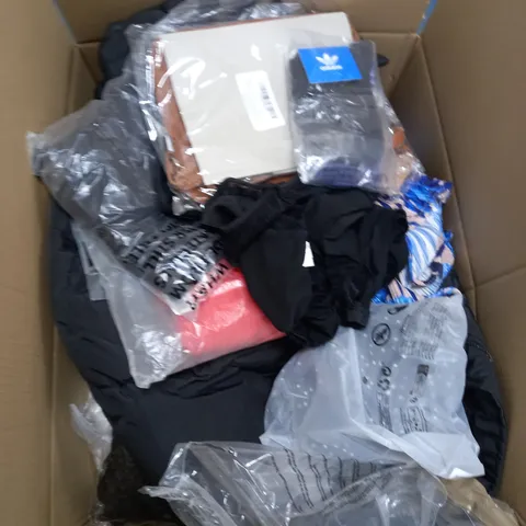 BOX OF ASSORTED CLOTHING ITEMS TOO INCLUDE JUMPERS, SHIRTS AND TROUSERS IN VARIOUS SIZES AND COLOURS   