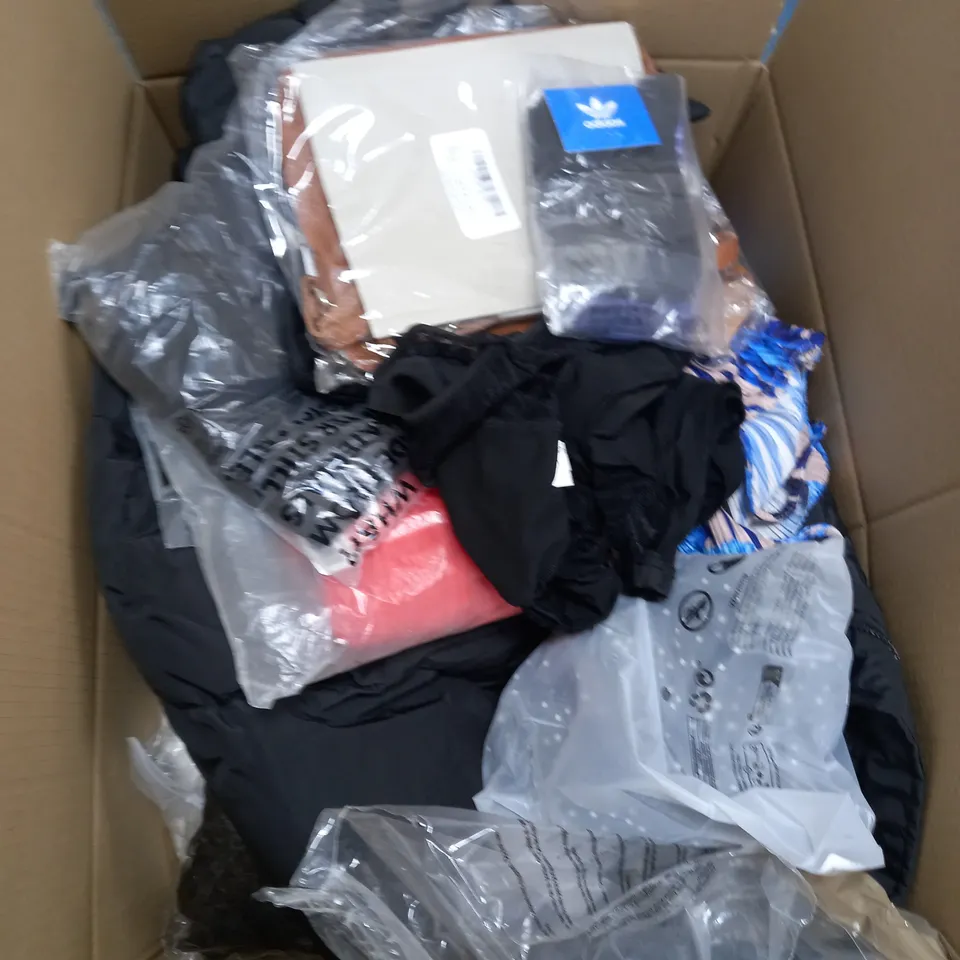 BOX OF ASSORTED CLOTHING ITEMS TOO INCLUDE JUMPERS, SHIRTS AND TROUSERS IN VARIOUS SIZES AND COLOURS   