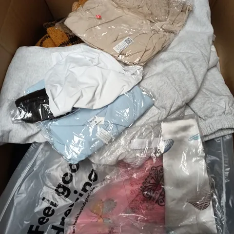 BOX OF APPROXIMATELY 25 ASSORTED CLOTHING ITEMS IN VARIOUS STYLES , COLOURS AND SIZES