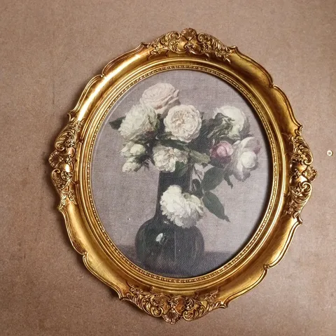 VINTAGE FLORAL ART PRINT IN GOLD OVAL FRAME