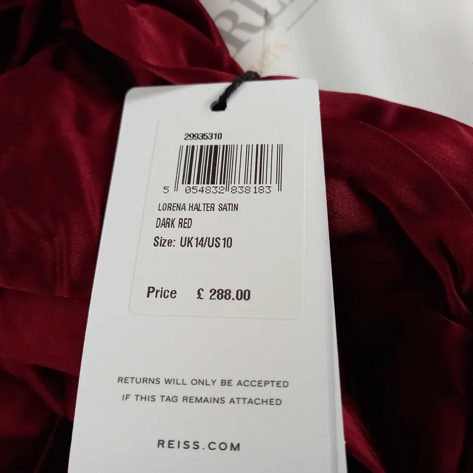 REISS SATIN HALTER NECK DRESS IN DARK RED - UK 14