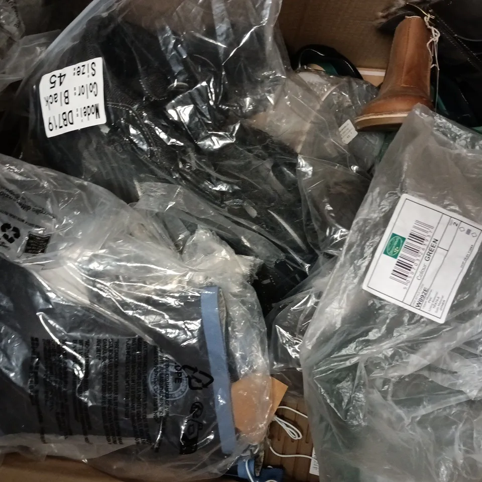 BOX OF APPROXIMATELY 15 ASSORTED PAIRS OF SHOES AND FOOTWEAR ITEMS IN VARIOUS COLOURS, STYLES, AND SIZES - COLLECTION ONLY
