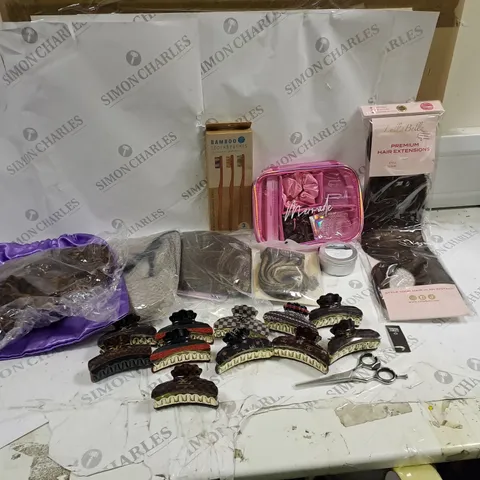 BOX OF APPROXIMATLY 20 ITEMS TO INCLUDE HAIR EXTENSIONS, SOAP, TOOTHBRUSHES ETC