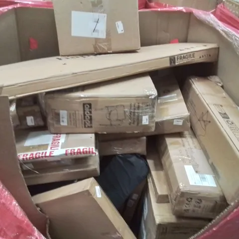 PALLET CONTAINING VARIOUS ASSORTED BOXED HOUSEHOLD ITEMS TO INCLUDE: TOILET AIDS, DRUM LAMP SHADE, CAMPING CHAIR, SIDE TABLE AND LOTS MORE UNMARKED BOXED ITEMS 