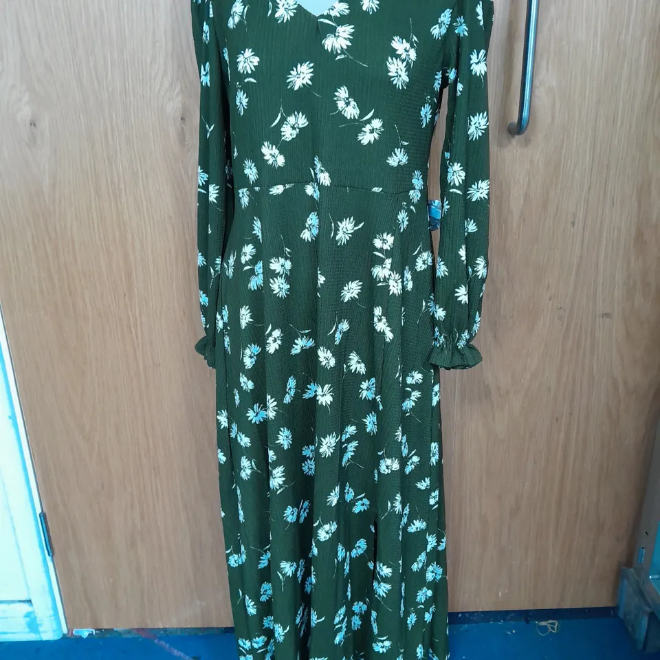 DOROTHY PERKINS LONG SLEEVE V NECK MIDI DRESS IN KHAKI FLORAL SIZE 18