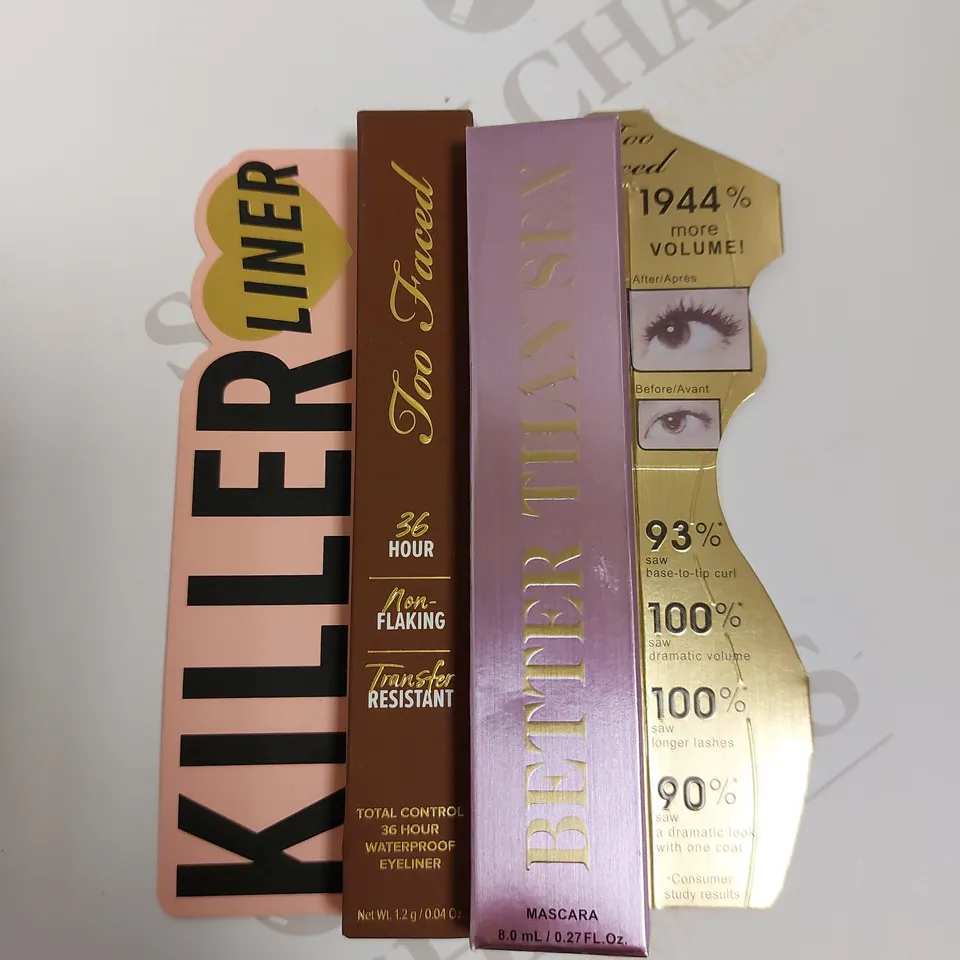 BOX OF 2 ITEMS OF TOO FACED ITEMS TO INCLUDE KILLER LINER EYELINER AND BETTER THAN SEX MASCARA
