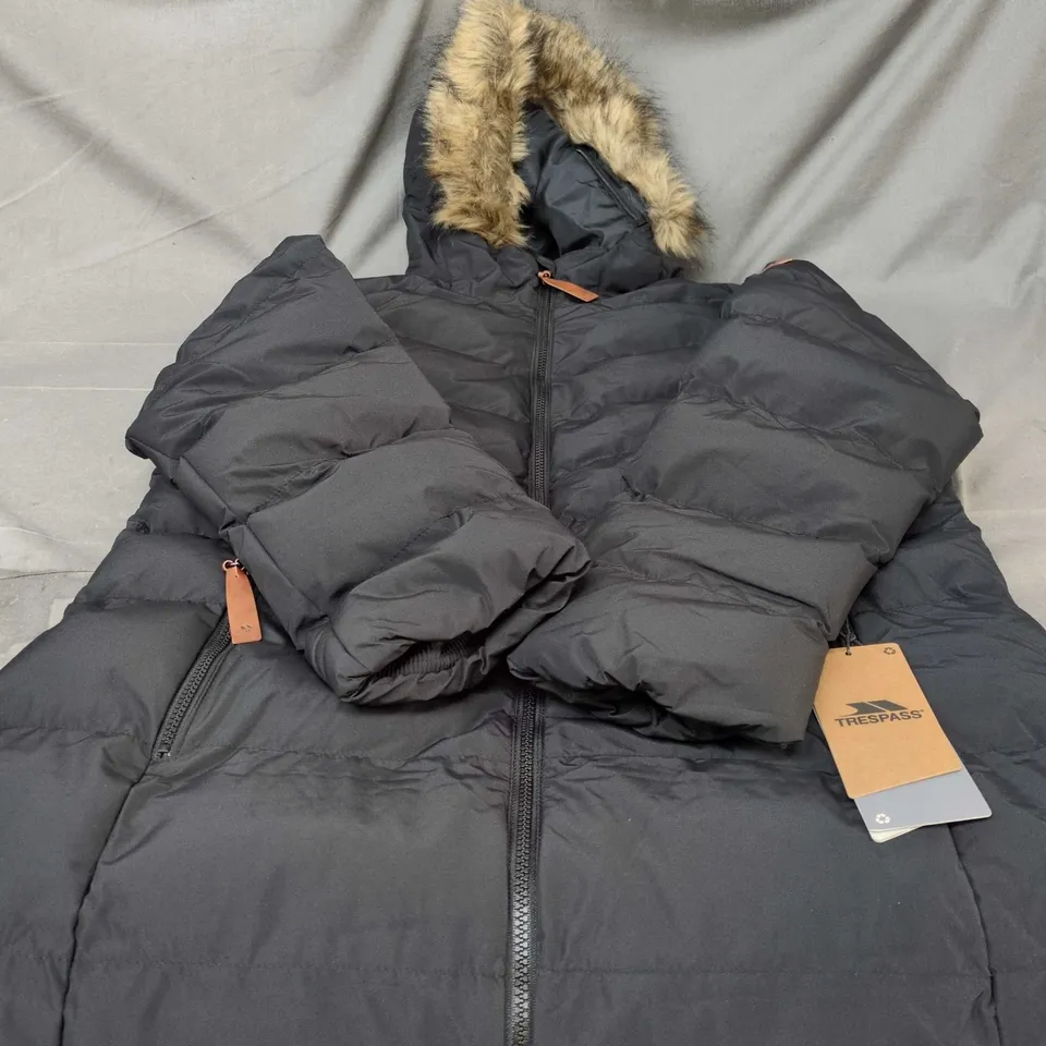 TRESPASS PUFFER JACKET WITH FAUX FUR HOOD – BLACK, UK16 (EU 44, USA 12) XL