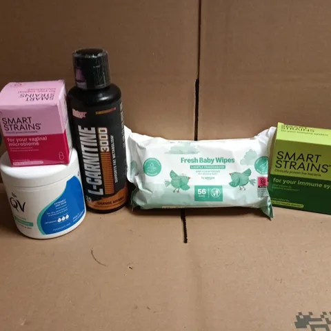APPROXIMATEY 20 ASSORTED HEALTH AND BEAUTY PRODUCTS TO INCLUDE - FRESH BABY WIPES - SMART STRAINS IMMUNE SYSTEM SUPPLEMENTS AND QV INTENSIVE OINTMENT