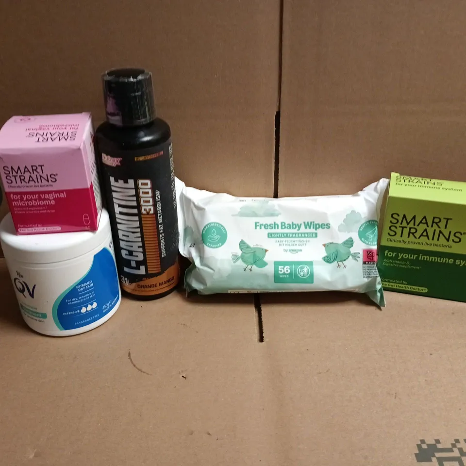APPROXIMATEY 20 ASSORTED HEALTH AND BEAUTY PRODUCTS TO INCLUDE - FRESH BABY WIPES - SMART STRAINS IMMUNE SYSTEM SUPPLEMENTS AND QV INTENSIVE OINTMENT