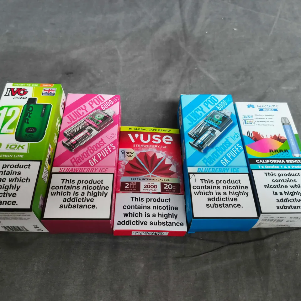 APPROXIMATELY 15 ASSORTED E-CIGARETTE AND VAPE PRODUCTS TO INCLUDE IVG, JUICY POD, VUSE ETC 