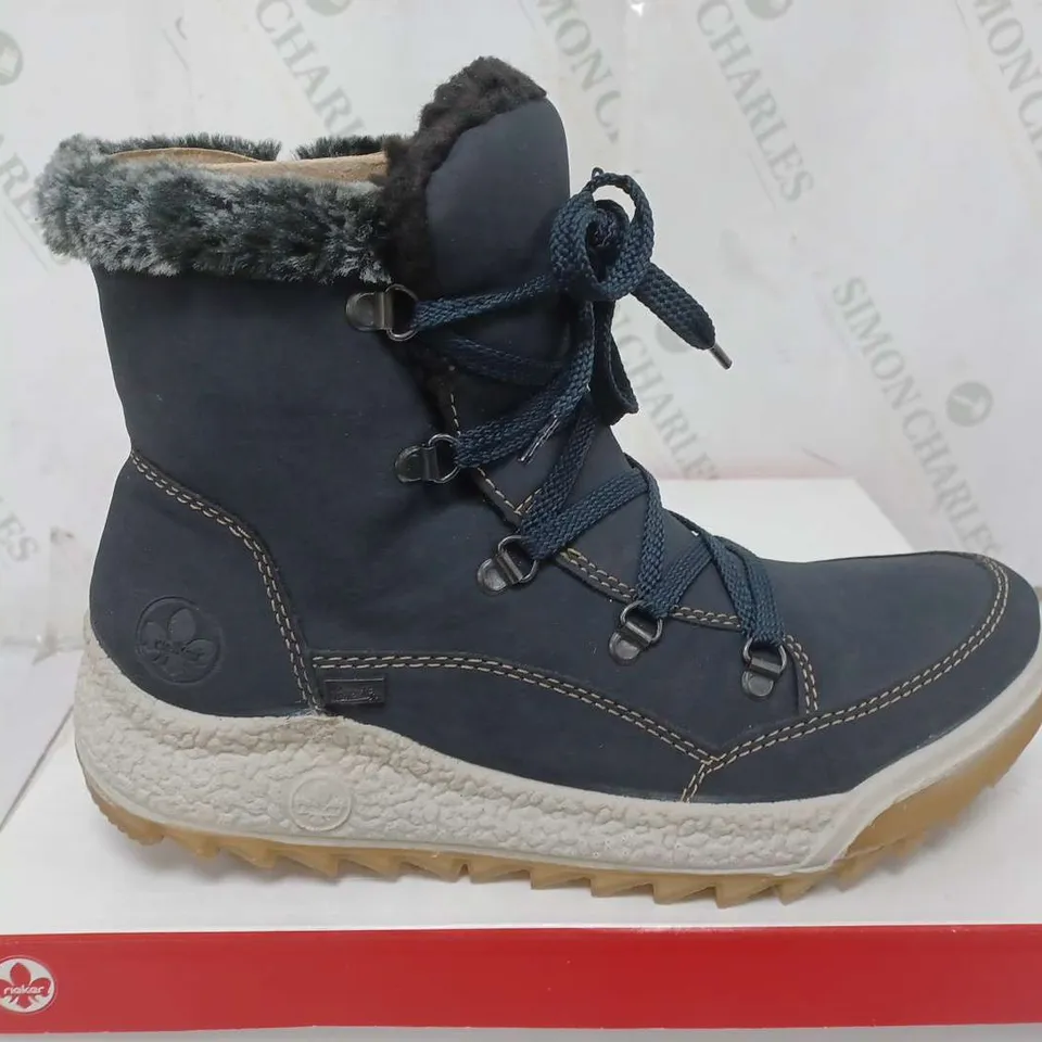 BOXED PAIR OF RIEKER WATER RESISTANT WARM HIKING BOOTS, NAVY - SIZE 42