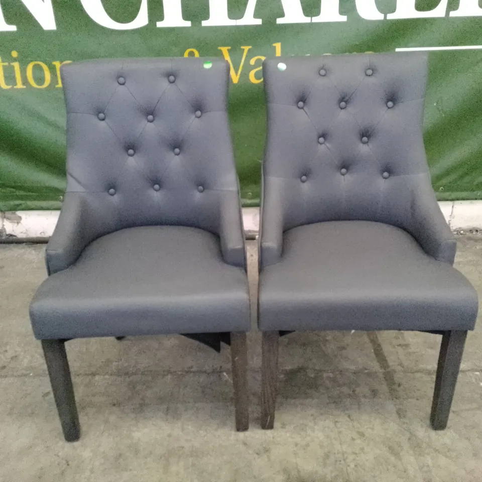 SET OF 2 NEW DUKE GREY LEATHER BUTTON BACK DINING CHAIRS (GREY OAK LEG)