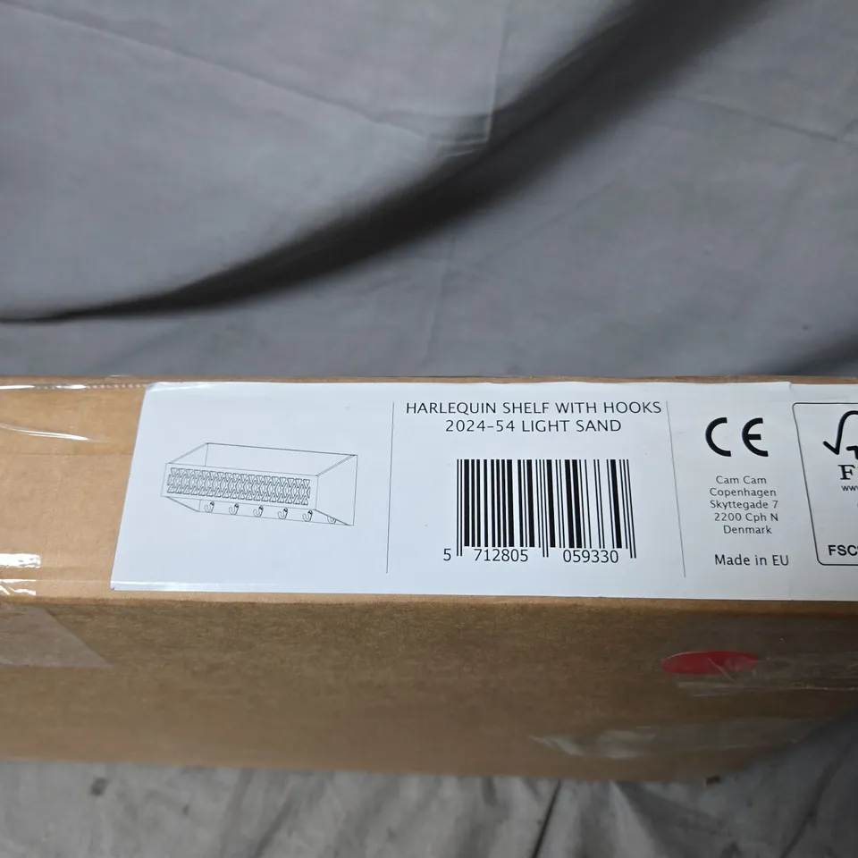 CAMCAM COPENHAGEN HARLEQUIN SHELF WITH HOOKS IN LIGHT SAND – BOXED WITH ASSEMBLY GUIDE