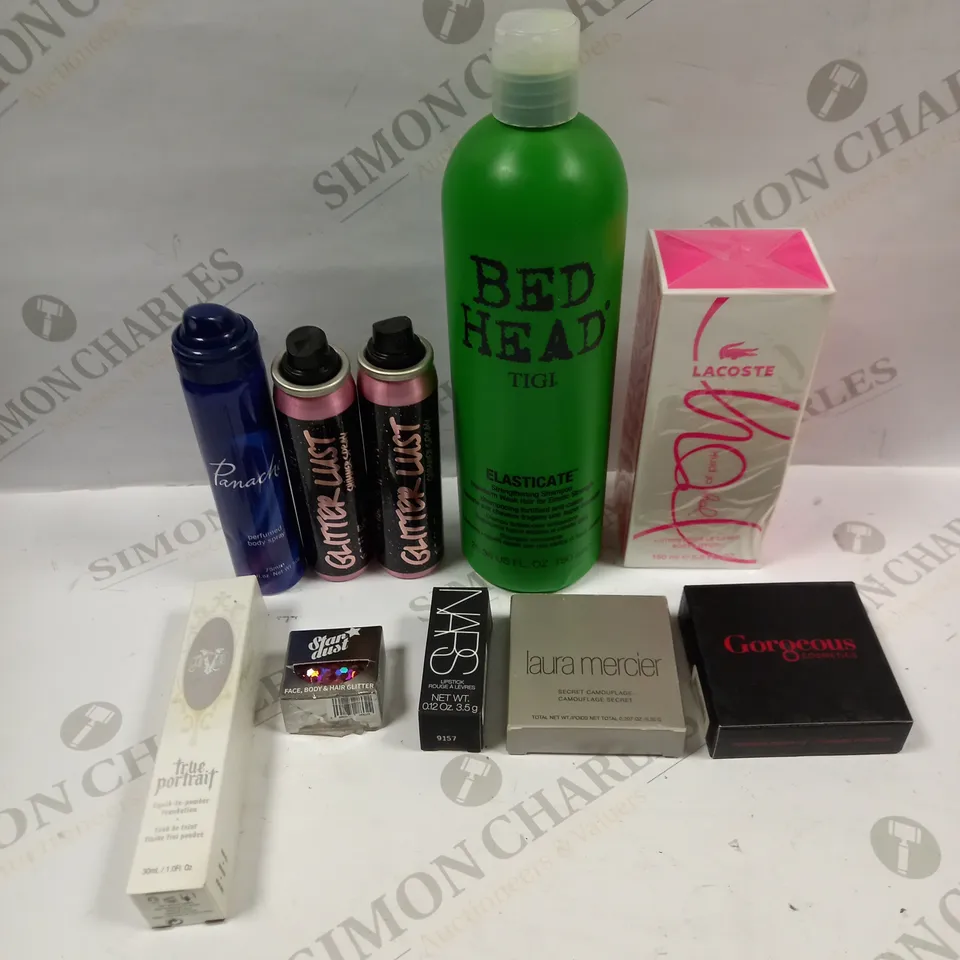 BOX OF APPROXIMATELY 20 ASSORTED MAKE UP PRODUCTS TO INCLUDE BED HEAD STRENGTHENING SHAMPOO, LACOSTE JOY OF PINK, NARS LIPSTICK ETC