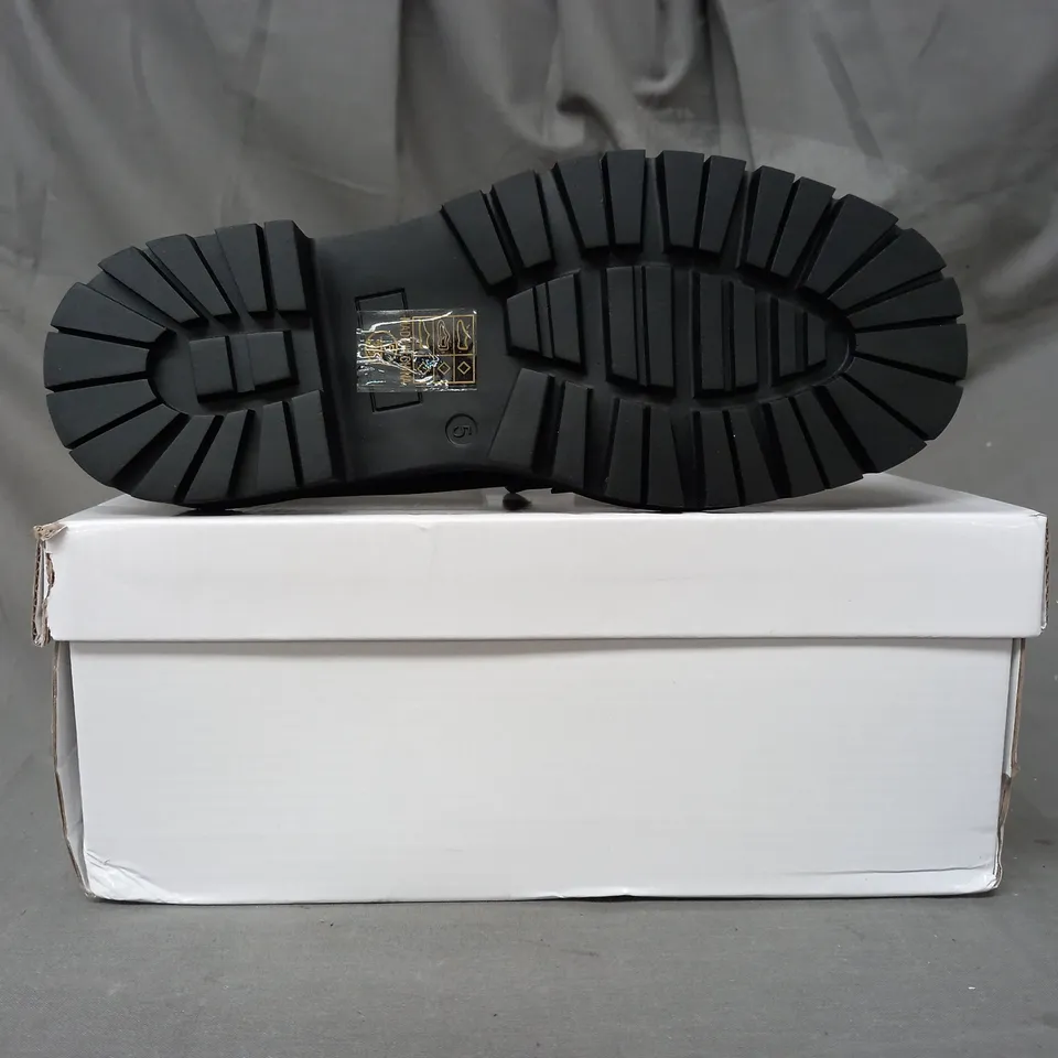 BOXED PAIR OF TRUFFLE COLLECTION LOAFERS IN GLOSSY BLACK W. GOLD EFFECT DETAIL SIZE 5