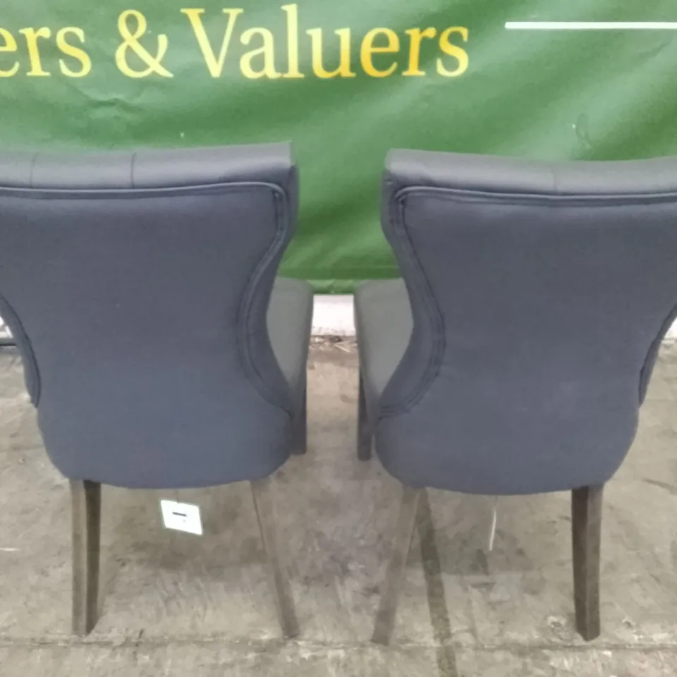 SET OF 2 NEW BEWLEY GREY LEATHER BUTTON BACK DINING CHAIR (DARK OAK LEG)