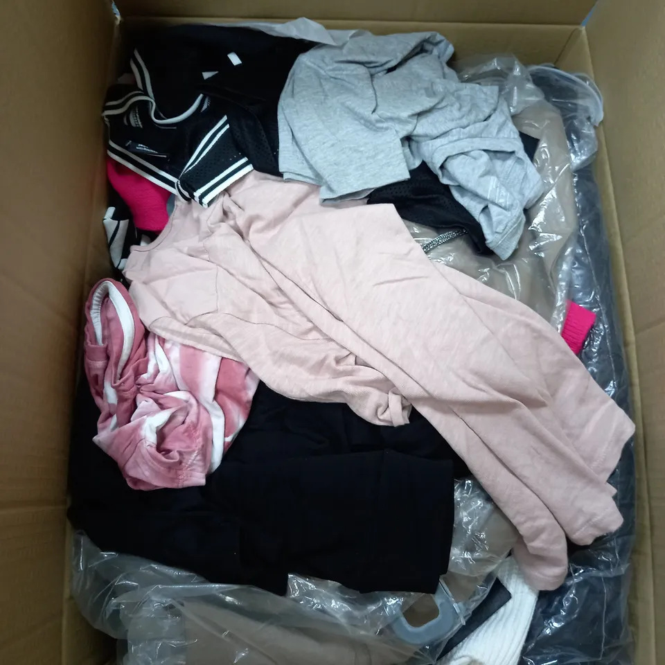 BOX OF ASSORTED CLOTHING ITEMS TOO INCLUDE JUMPERS, SHIRTS AND TROUSERS IN VARIOUS SIZES AND COLOURS   