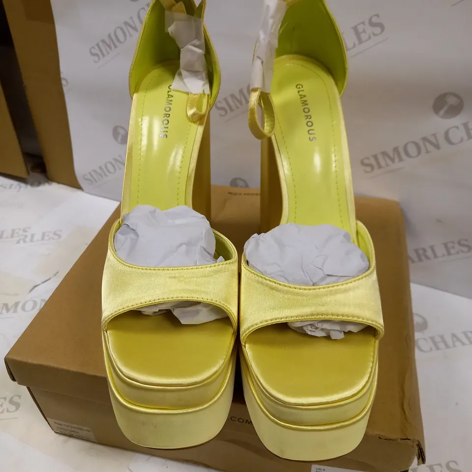 GLAMOROUS LAYERED PLATFORM HEEL LEMON SATIN SANDALS UK 8