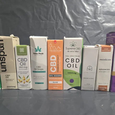 LOT OF 9 ASSORTED CBD OILS IN VARYING STRENGTHS AND SIZES