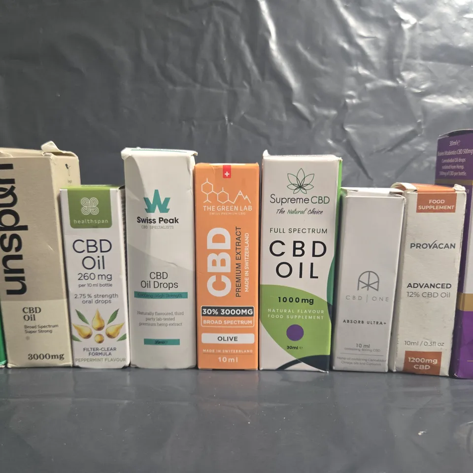 LOT OF 9 ASSORTED CBD OILS IN VARYING STRENGTHS AND SIZES