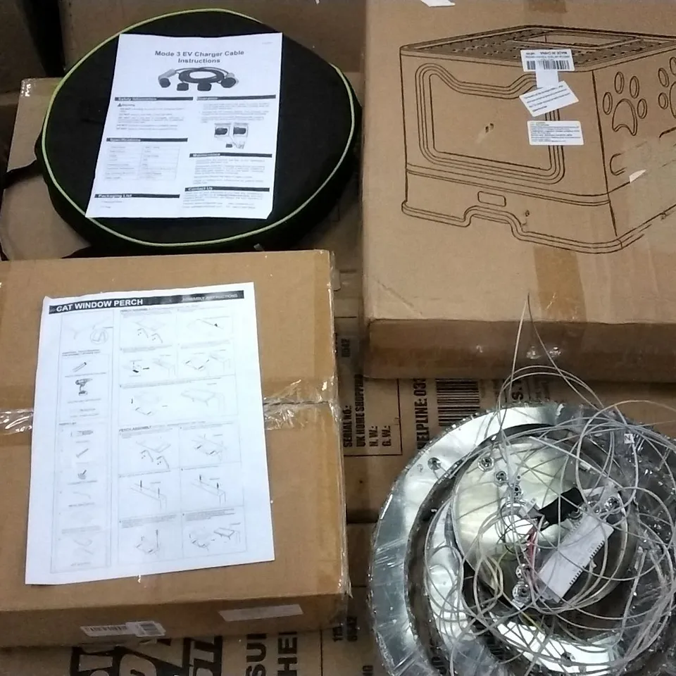 PALLET OF ASSORTED ITEMS INCLUDING A CAT WINDOW PERCH , CAT LITTER BOX , 3 EV CHARGER CABLE,  LED CRYSTAL LIGHT