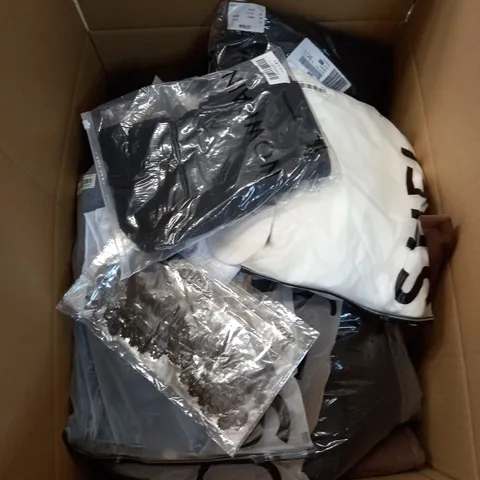 BOX OF ASSORTED CLOTHING ITEMS TOO INCLUDE DRESSES , SHIRTS AND TROUSERS IN VARIOUS SIZES AND COLOURS