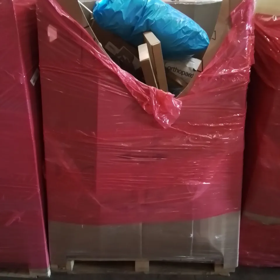 PALLET CONTAINING VARIOUS ASSORTED BOXED HOUSEHOLD ITEMS TO INCLUDE: SMART BATHROOM MIRRORS, ORTHOPEDIC SUPPORT PILLOW, AND LOTS MORE UNMARKED BOXED ITEMS 