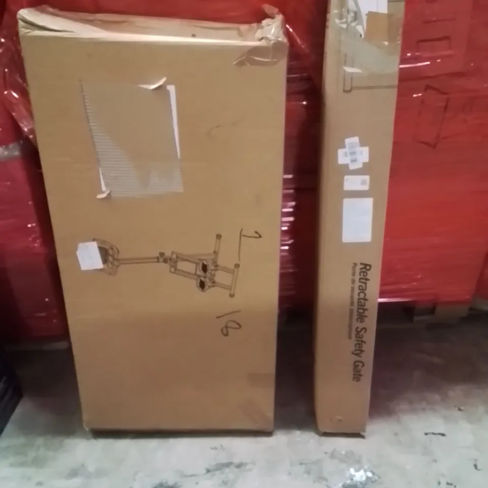 PALLET OF ASSORTED HOUSEHOLD GOODS AND PRODUCTS TO INCLUDE;RETRACTABLE SAFETY GATE,GYM MACHINE 