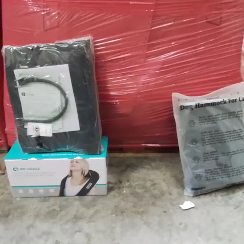 PALLET OF ASSORTED HOUSEHOLD GOODS AND PRODUCTS TO INCLUDE;BACK AND NECK MASSAGER,DOG HAMMOCK,HANDBAG