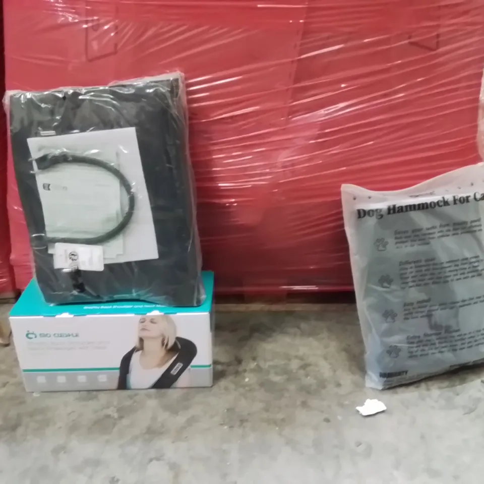 PALLET OF ASSORTED HOUSEHOLD GOODS AND PRODUCTS TO INCLUDE;BACK AND NECK MASSAGER,DOG HAMMOCK,HANDBAG 