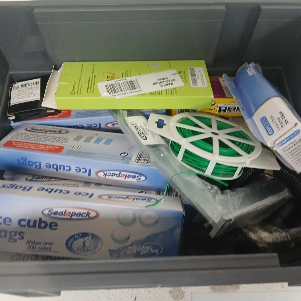 APPROXIMATELY 15 ASSORTED HOUSEHOLD PRODUCTS TO INCLUDE ICE CUBE BAGS ,  GARDEN WIRE AND STAPLER