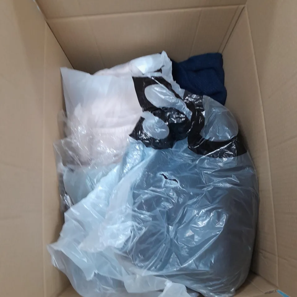 LARGE BOX OF ASSORTED CLOTHING ITEMS IN VARIOUS COLOURS AND SIZES INCLUDING TROUSERS , TOPS AND JUMPERS 