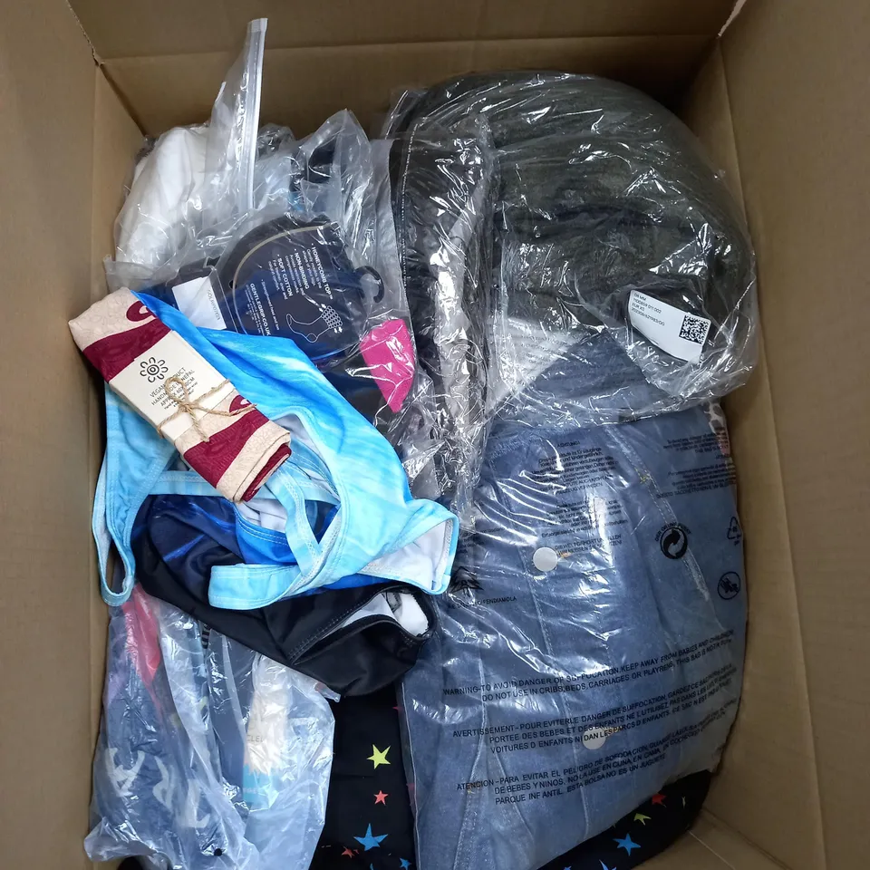 LARGE BOX OF ASSORTED CLOTHING ITEMS IN VARIOUS COLOURS AND SIZES INCLUDING TROUSERS , TOPS AND JUMPERS 