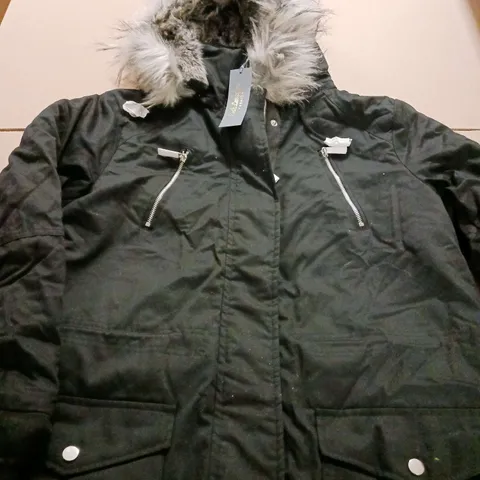 RUTH LANGSFORD FAUX FUR TRIM PARKA COAT BLACK MEDIUM