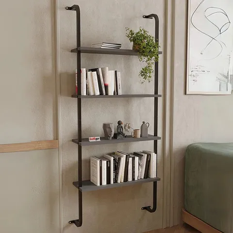 BOXED 4-SHELF WALL MOUNTED WOODEN BOOKSHELF WITH METAL FRAME (1 BOX)