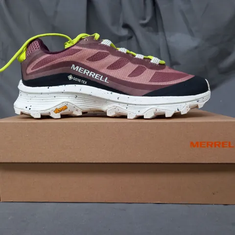 BOXED PAIR OF MERREL MOAB SPEED GTX SHOES IN BURLWOOD/MARRON UK SIZE 5