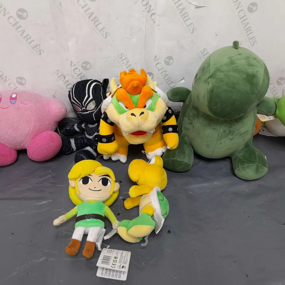 LARGE BOX OF ASSORTED PLUSH TEDDIES TO INCLUDE YOSHI, BLSCK PANTHER, AND BOWSER ETC. 