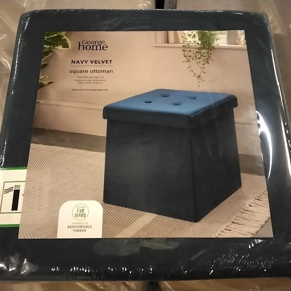 SEALED NAVY VELVET SQUARE OTTOMAN