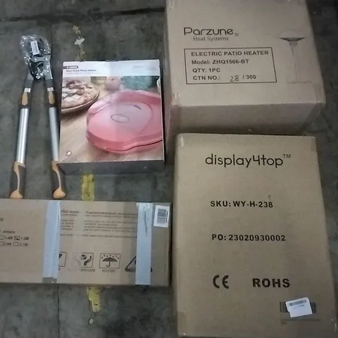 PALLET CONTAINING ASSORTED HOUSEHOLD ITEMS TO INCLUDE NON STICK PIZZA MAKER, HEDGE CLIPPERS, PATIO HEATER, BED RAIL GUARD, TOUCH BIN