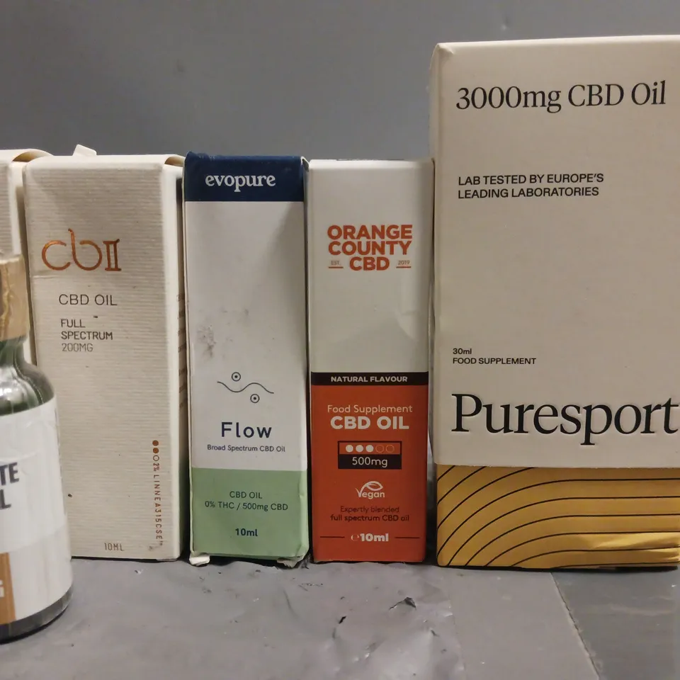 LOT OF 10 ASSORTED CBD OILS AND DROPS IN VARYING STRENGTHS AND SIZES