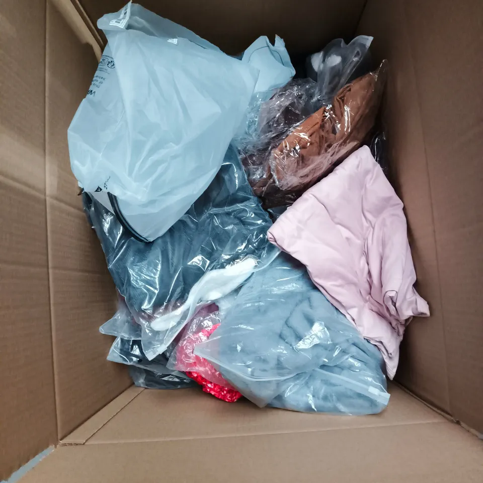 BOX OF APPROXIMATELY 18 ASSORTED CLOTHING ITEMS TO INCLUDE SANTA JUMPER, FLORAL DRESS WITH POCKETS, SOCKS, BLACK TROUSERS ETC