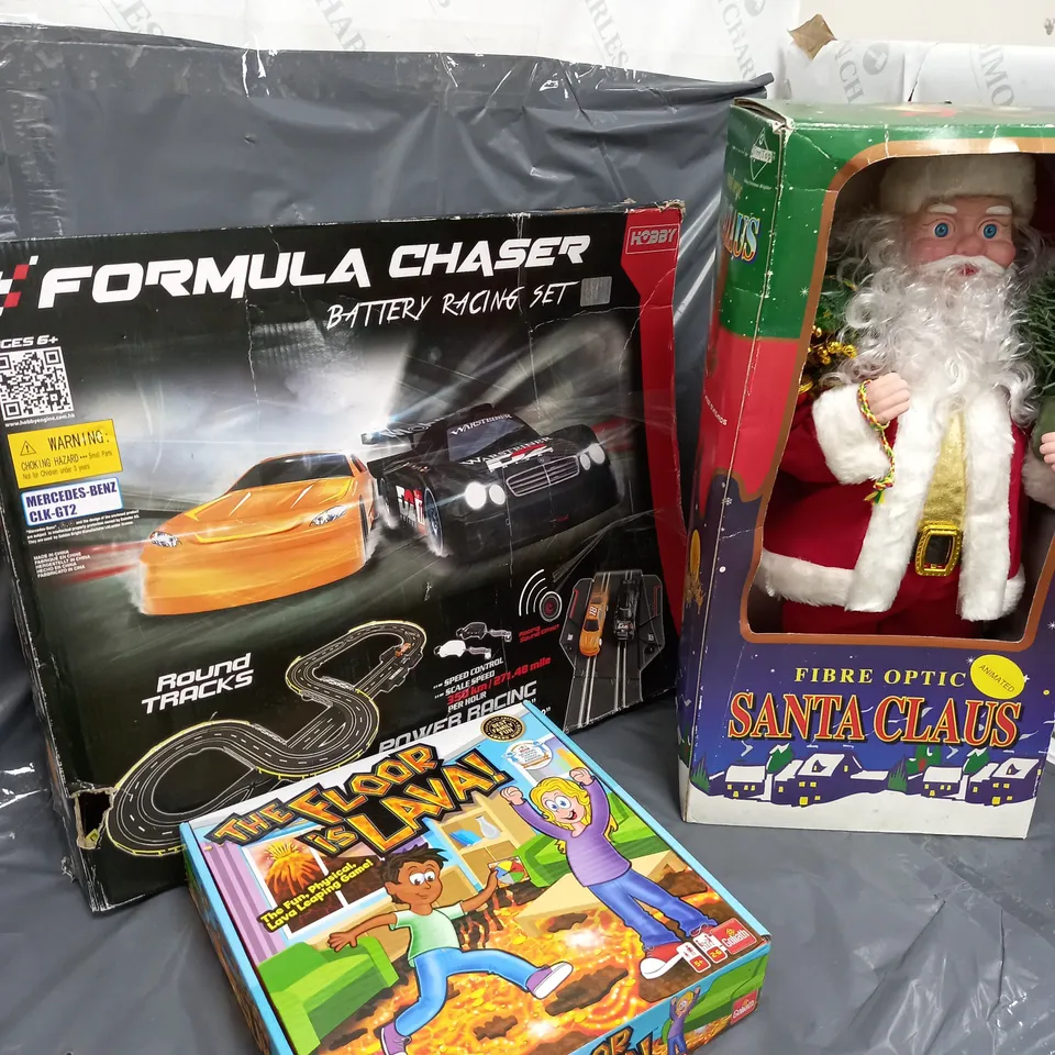 APPROXIMATELY 9 ASSORTED TOYS & GAMES TO INCLUDE FORMULA CHASER, THE FLOOR IS LAVA, FIBRE OPTIC SANTA CLAUS, ETC