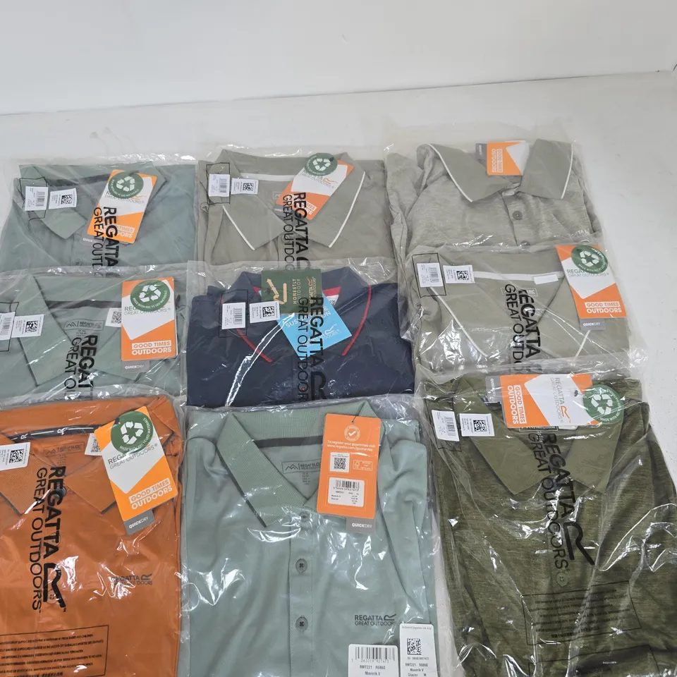 LOT OF 10 ASSORTED BRAND NEW REGATTA POLO SHIRTS IN VARIOUS STYLES, COLOURS AND SIZES
