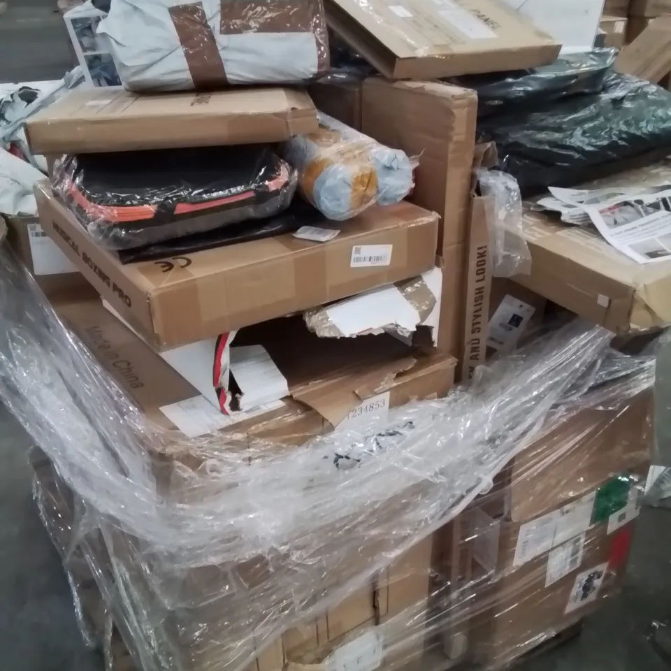 PALLET CONTAINING LARGE QUANTITY OF ASSORTED BOXED HOUSEHOLD PRODUCTS INCLUDING: RETRACTABLE FAN, ELECTRIC AIR COMPRESSOR,  16 PIECE HOLE SAW SET, VEGETABLE CUTTER, VACUUM CLEANER AND LOTS MORE 